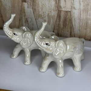 2 Vintage Porcelain Elephants Figurines Iridescent Pair Made in Brazil